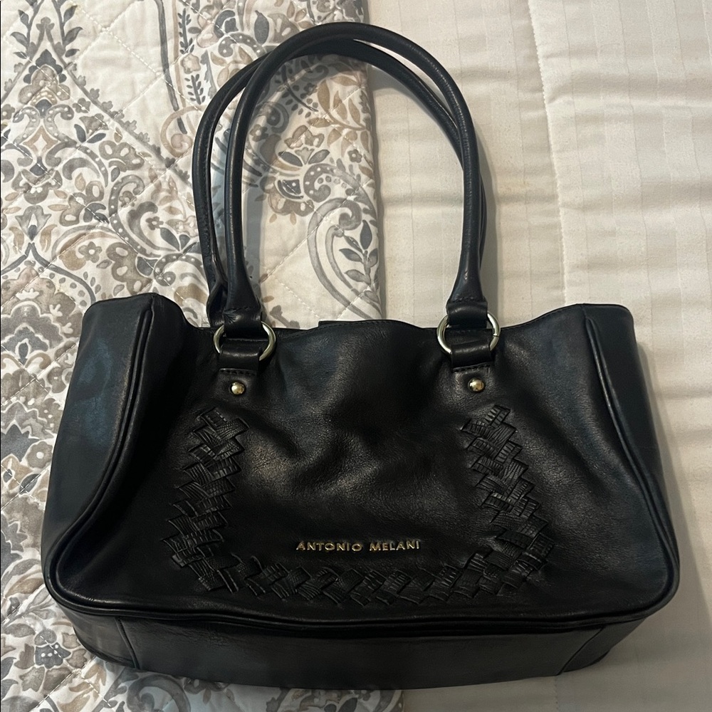 ANTONIO MELANI Black Woven-Accent Shoulder Tote